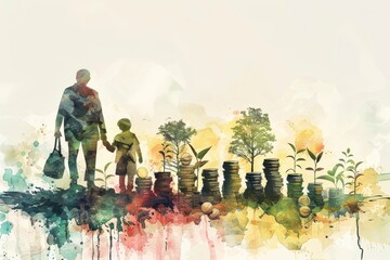 A watercolor illustration depicting a father leading his child by the hand, surrounded by symbols of finance, coins, and newly planted trees. This evocative image represents the concepts of financial 