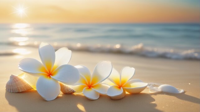 Flower and seashell beautiful landscape beach sunset sky warm or