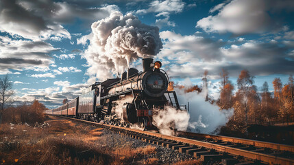Obraz premium A steam locomotive billowing clouds of white smoke as it travels along the tracks. The powerful train showcases the classic design of steam engines, with plumes of steam rising dramatically against