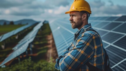 A man in a yellow helmet stands in front of a solar panel field