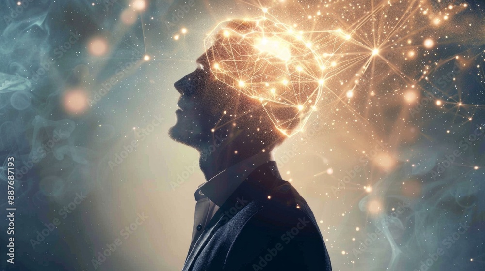 Poster a man with a glowing brain is shown in a dark background