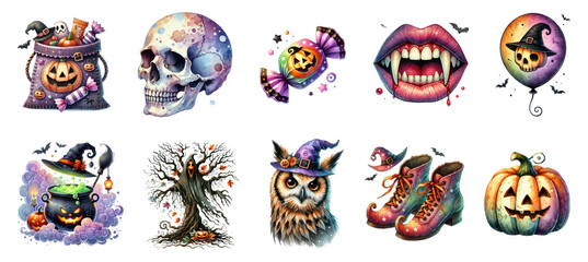 Spooky Halloween watercolor clipart, isolated on transparent background
