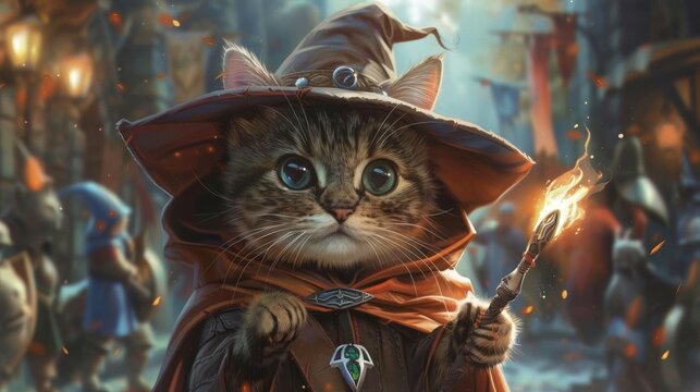 A cat dressed as a wizard in a fantasy RPG setting, with a magic wand