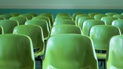 Obraz premium Minimalist classroom chairs in solid green, arranged neatly in rows