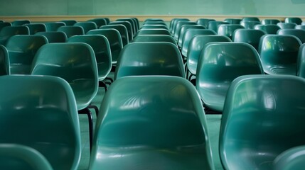 Minimalist classroom chairs in solid green, arranged neatly in rows