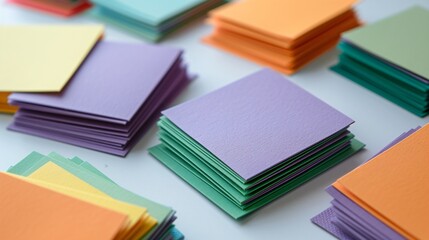 Minimalist flashcards in various colors, arranged neatly on a white surface