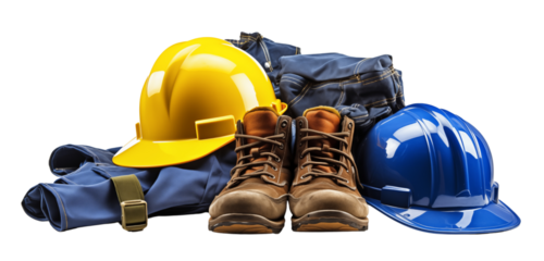 Ready to use labor uniform complete with safety helmet and work shoes, prepared for immediate use in various work environments.