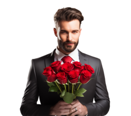 Suave gentleman adorned in a bespoke suit, clasping a bouquet of crimson roses, epitomizing elegance, charm and timeless romantic sophistication.