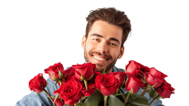 cheerful man with a warm smile, holding a bouquet of vibrant red roses, radiating happiness, love and a touch of romantic charm.