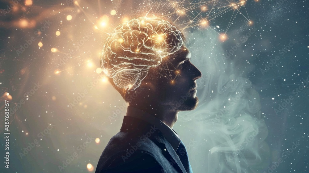 Poster a man is standing in front of a brain with a lot of stars