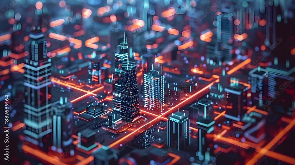 Poster a smart cityscape where interconnected iot devices communicate, displaying real-time data and update