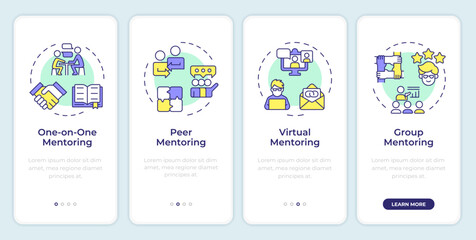 Types of mentoring onboarding mobile app screen. Walkthrough 4 steps editable graphic instructions with linear concepts. UI, UX, GUI template. Montserrat SemiBold, Regular fonts used