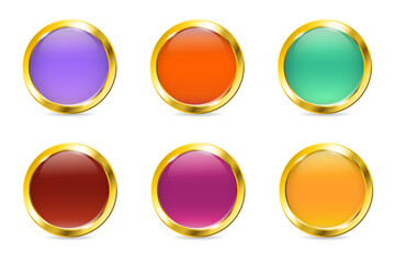 Realistic round button with golden frame. Golden badge set. Glossy purple, orange, maroon, pink, green, yellow pin