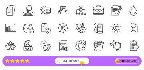 Elastic, Fake news and Fraud line icons for web app. Pack of Multichannel, Hydroelectricity, 5g internet pictogram icons. Timer, Restructuring, Patient history signs. Receive file. Search bar. Vector