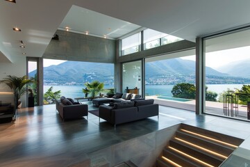 Interior of modern living room with concrete walls, concrete floor, panoramic window with lake view