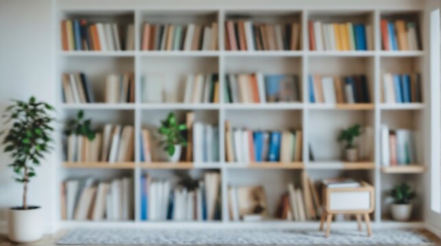 Blur background of bookshelf filled various books different size