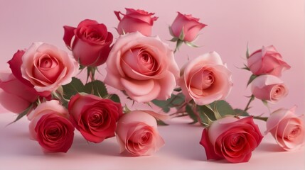 Naklejka premium Valentine's Day design close-up bouquet red roses pink backgroun
