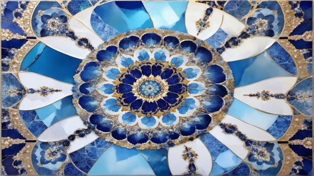 Traditional Persian mosaic close-up blue gold mosaic ceiling cei