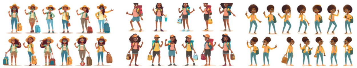 A cartoon set depicting a young female traveler isolated on white background. Modern illustration of an African-American woman making thumbs-up gestures, smiling, being excited, surprised, puzzled.
