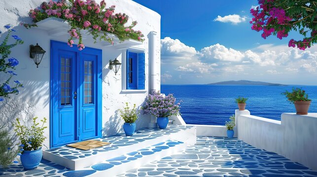 Beautiful greek house with blue door and window, stairs leading to the ocean in front of it, greece landscape, blue sky, white walls, blue tiles on roof. copy space for text.