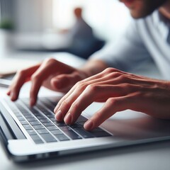 A businessman working on a laptop at his desk, smiling and looking focused