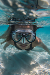 Fototapeta premium A beautiful young girl submerged under the surface of shallow water. The concept of a pleasant holiday by the sea