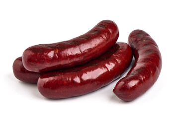 Grilled pork sausages, isolated on white background.