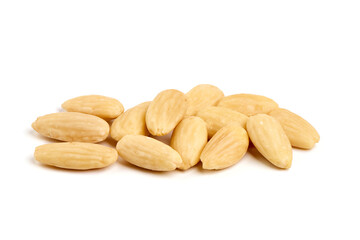 Blanched almond nuts, isolated on white background.
