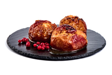 Fruit dessert baked red apples, isolated on white background.
