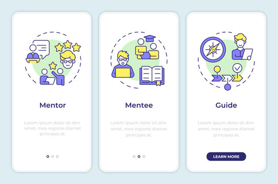 Mentor-mentee relationship onboarding mobile app screen. Walkthrough 3 steps editable graphic instructions with linear concepts. UI, UX, GUI template. Montserrat SemiBold, Regular fonts used