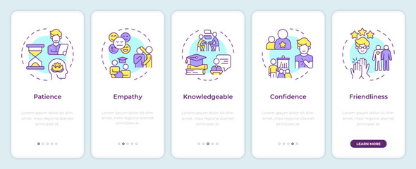 Qualities of great mentor onboarding mobile app screen. Walkthrough 5 steps editable graphic instructions with linear concepts. UI, UX, GUI template. Montserrat SemiBold, Regular fonts used