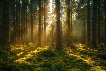 Fototapeta premium Sunbeams Through Pine Trees in a Forest