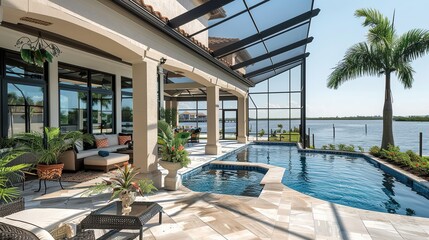 Florida luxury mansion lanai patio on the waterfront with screened in pool, exterior home design. copy space for text.