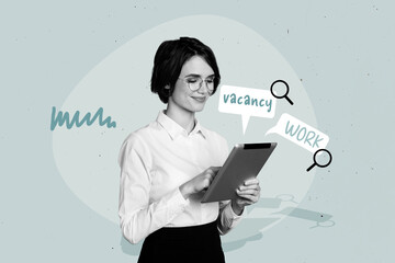 Photo collage trend artwork sketch image of workspace work office manager hr young woman hand hold epad research find candidate vacancy