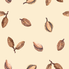 Almonds nut in nutshell Watercolor seamless pattern. Hand painted kernel. Organic vegan Food Healthy harvest, unpeeled stone fruit clipart on isolated beige background for wallpaper, packaging, fabric