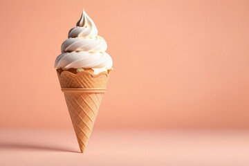 delicious soft serve ice cream in crispy cone on peachy backdrop, refreshing summer dessert