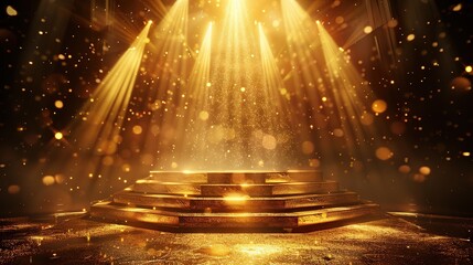 Fototapeta premium Gold light show stage. Abstract spotlight podium. Golden concert or winner ceremony studio with glitter and platform. Shiny bright night club event 3d stairs pedestal background design.