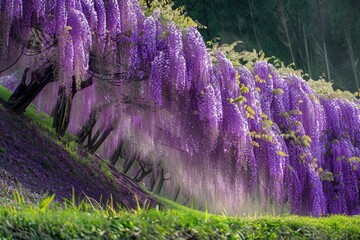 A stunning display of cascading wisteria vines in full bloom, creating a natural canopy of purple flowers