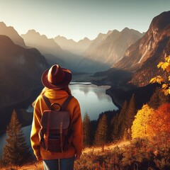 A Moment of Tranquility: A lone hiker stands atop a mountain, gazing out at a breathtaking vista of autumnal foliage, a sparkling lake, and majestic peaks. The image evokes a sense of peace, adventure