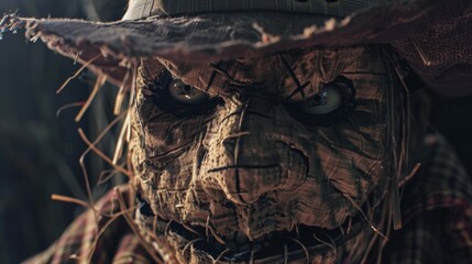 Fototapeta premium Creepy scarecrow face, stitched mouth, photorealistic, Halloween horror