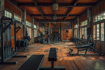 Gym, empty gym, sun rays coming through the  gym windows creating shadows in an empty modern fitness room, interior full of weights, bars and racks, cinematic