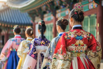 Fototapeta premium A traditional Korean hanbok fashion show, with models wearing colorful and elaborate hanboks, set against the backdrop of an ancient palace