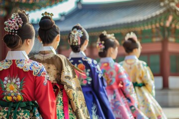 Fototapeta premium A traditional Korean hanbok fashion show, with models wearing colorful and elaborate hanboks, set against the backdrop of an ancient palace