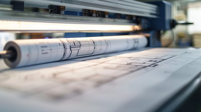 Large format printer is printing architectural plans on a roll of paper. copy space for text.