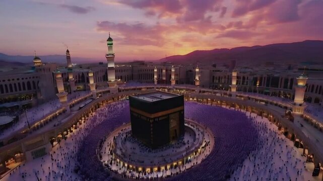 Aerial View of the Kaaba in Mecca During Sunset. An aerial view of the Kaaba in Mecca during sunset with a large crowd of people circumambulating the structure. The sky is a beautiful pink and purple.
