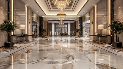 Obraz premium Luxury hotel lobby with chandelier and elegant marble flooring. copy space for text.