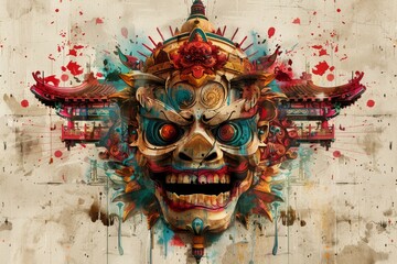 Fototapeta premium Abstract mask with fiery effects intense and dramatic digital illustration with bold colors and textures