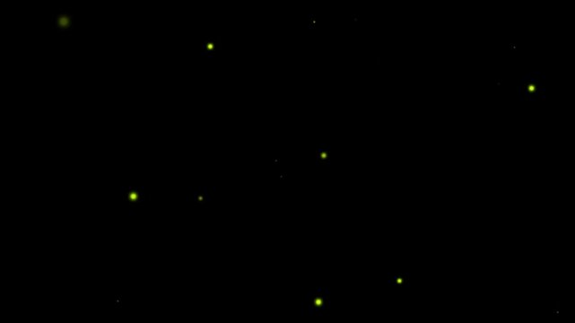 Fireflies flitting across a night sky. The fireflies are yellow and emit a soft glow against the dark canvas. A few stars are also visible.