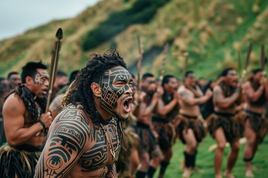 A traditional maori performance in New Zealand, with warriors in intricate facial tattoos performing powerful chants and movements in front of a green hillside