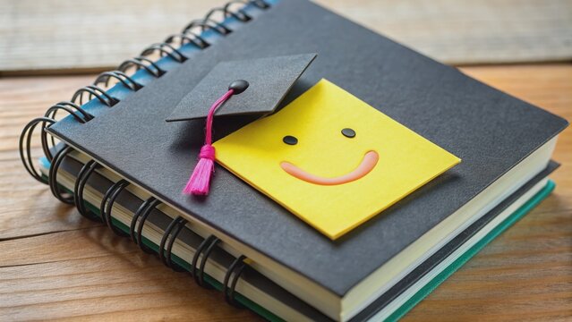 Colorful adhesive note with a smiling face sticker on a printed and bound bachelor thesis with a black cover, symbolizing accomplishment and new beginnings.